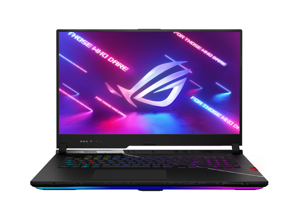 Front view of the ROG Strix SCAR 17, with the ROG logo on screen.