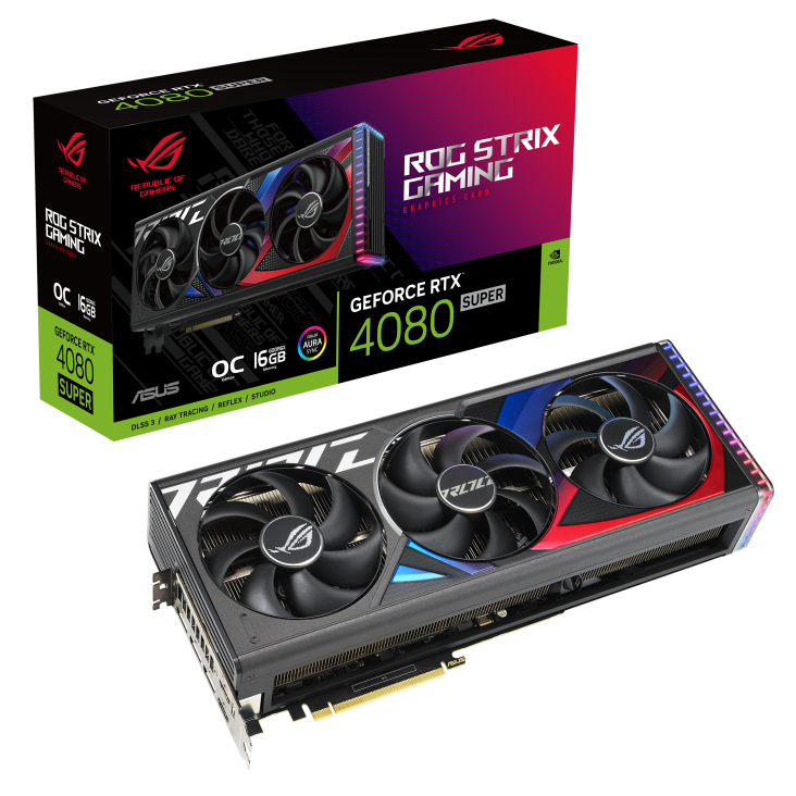 ROG Strix GeForce RTX 4080 SUPER OC Edition packaging and graphics card