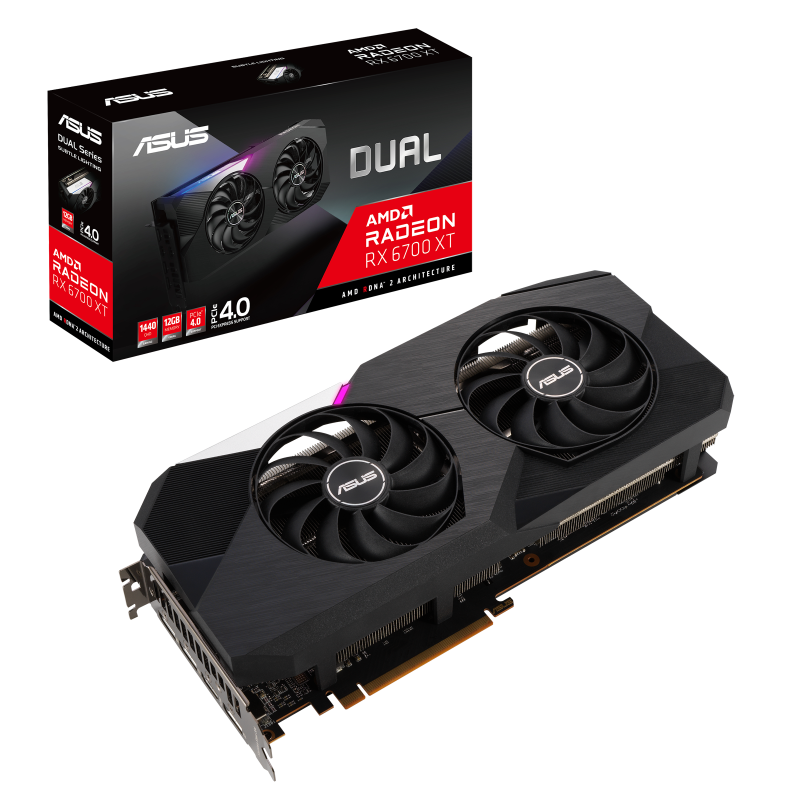 Dual AMD Radeon RX 6700 XT packaging and graphics card with AMD logo