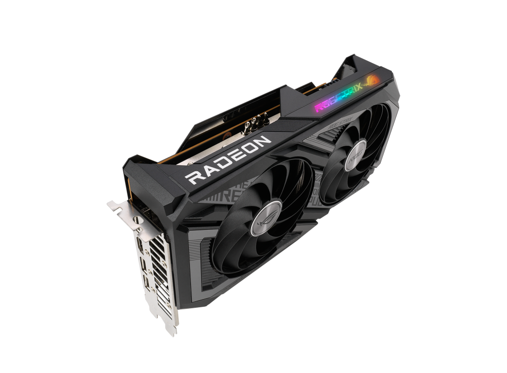 ROG Strix Radeon™ RX 6650 XT V2 OC Edition graphics card, angled hero shot from the front