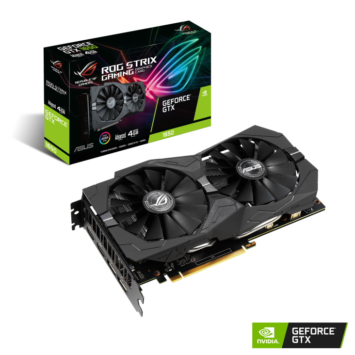 ROG-STRIX-GTX1650-A4G-GAMING graphics card and packaging with NVIDIA logo
