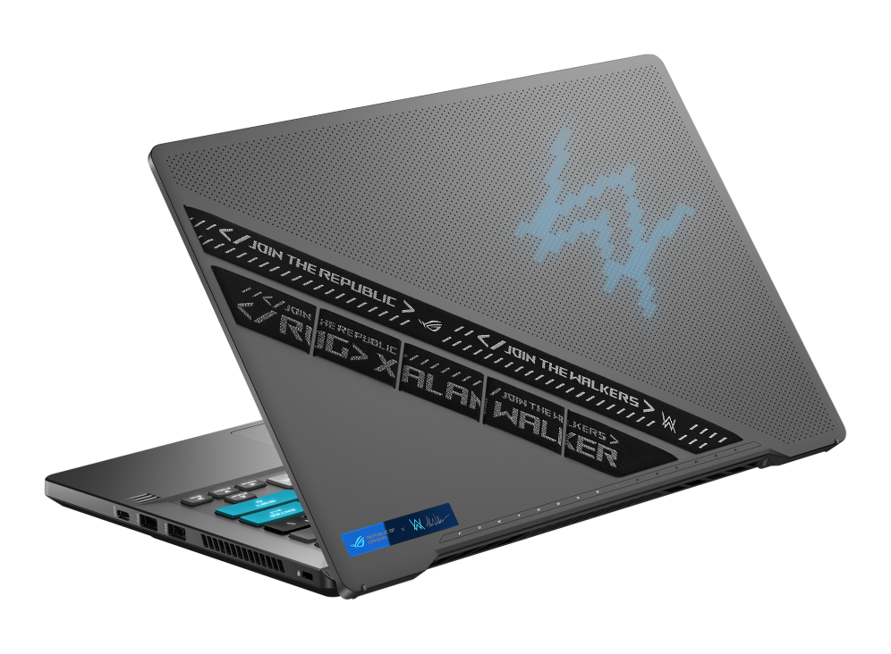 Off center rear view of a Zephyrus G14 Alan Walker Special Edition, with Alan Walker's logo illuminated in Blue on the AniMe Matrix display.
