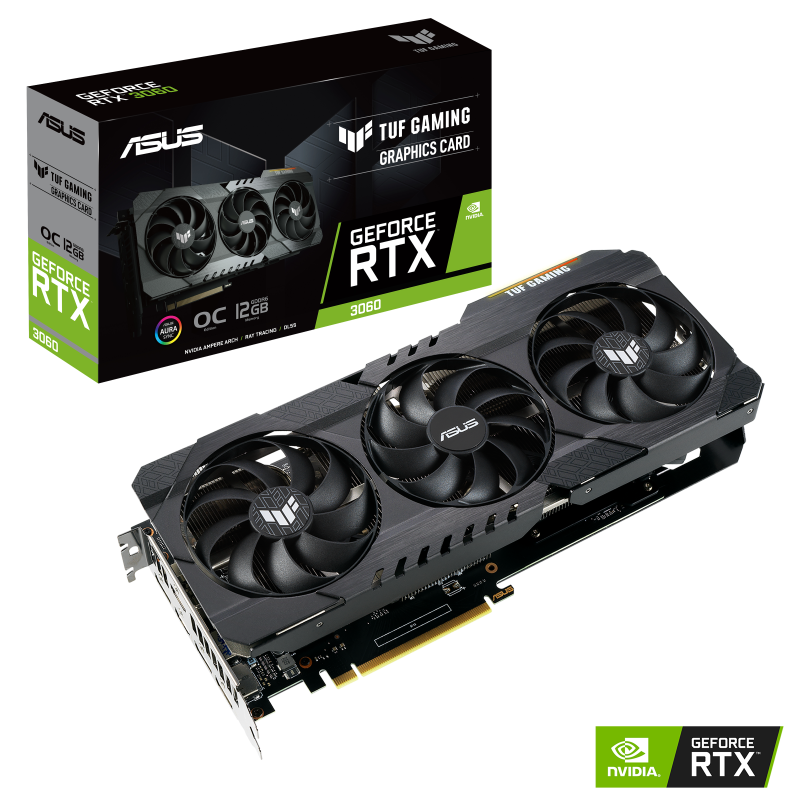 TUF Gaming GeForce RTX 3060 OC Edition Packaging and graphics card with NVIDIA logo