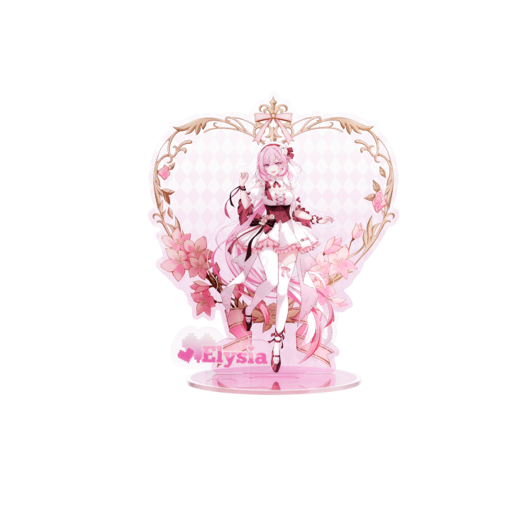 A heart-shaped acrylic stand of Elysia in her romantic pink outfit surrounded by floral accents, featuring elegant ROG x Honkai Impact 3rd design details.