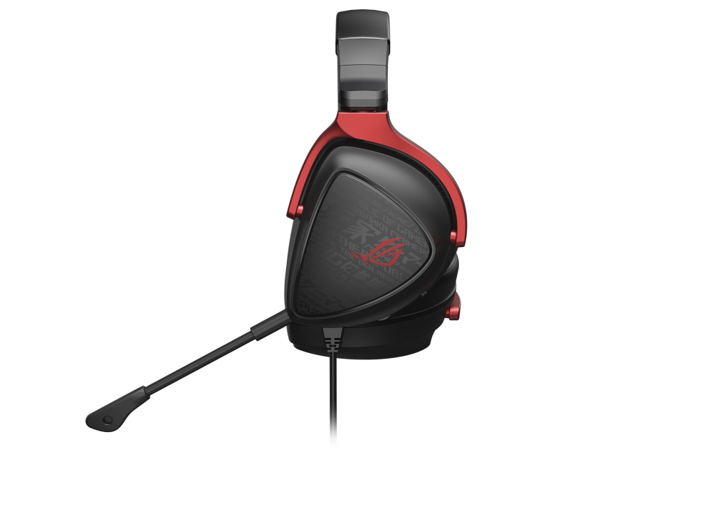 ROG Delta S Core, a wired, 3.5mm connection, PC, PS5, PS4, Switch and Xbox gaming headset focusing on the right of the earcup.