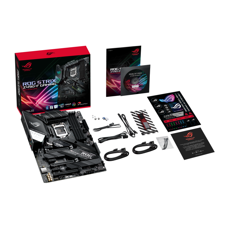 ROG STRIX Z490-F GAMING top view with what’s inside the box