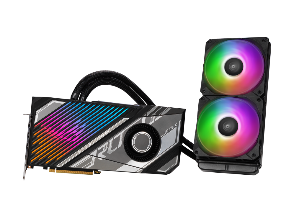 ROG Strix LC GeForce RTX 3090 Ti graphics card and radiator, front angled view with ARGB fans