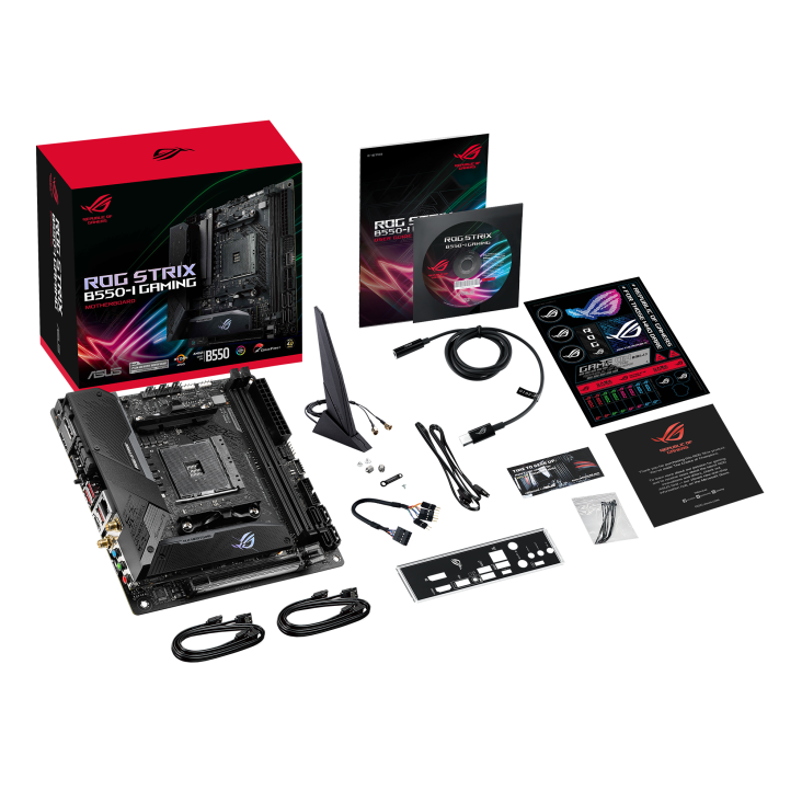 ROG STRIX B550-I GAMING top view with what’s inside the box