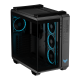 TUF Gaming GT502 Horizon ARGB Black front & overlook view, tilted 45 degrees with ARGB lighting 
