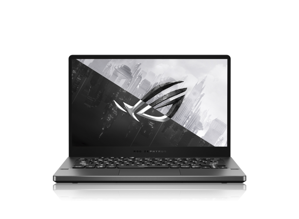 Front view of a black Zephyrus G14, with the ROG logo on screen.