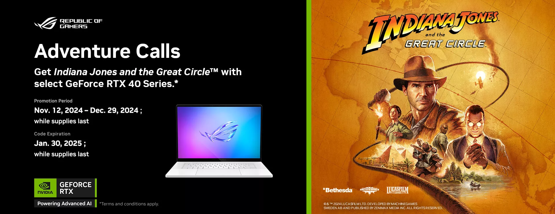 NV RTX game bundle details description and ROG laptop image are featured on the left side. while Indiana jones's poster like game key visual is on the right side