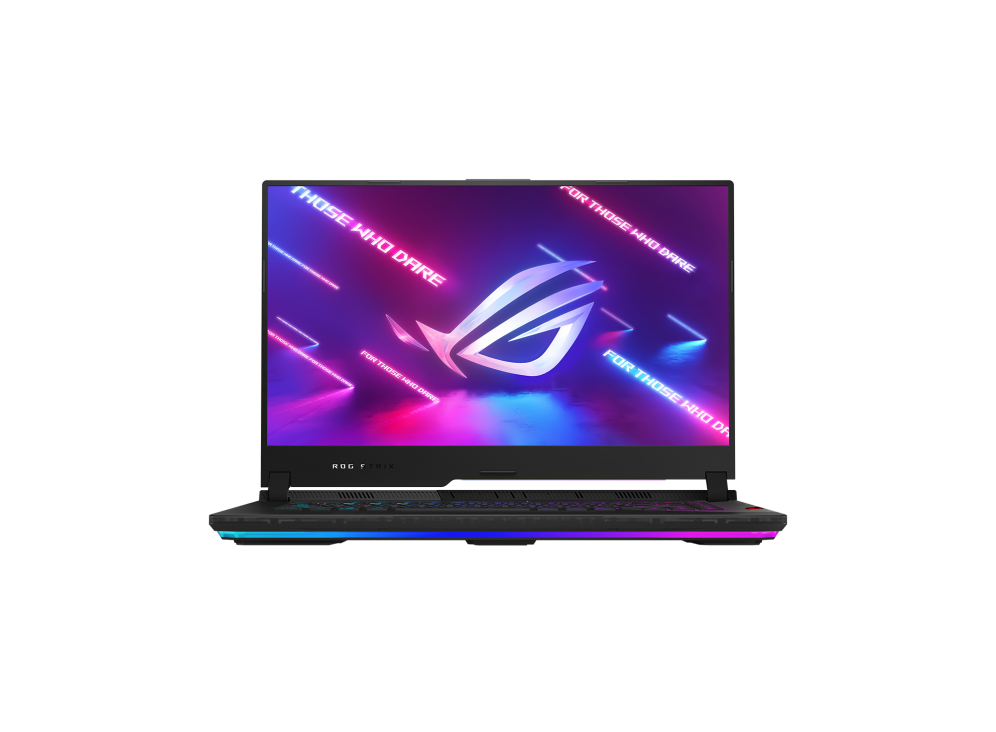 Off center front view of the ROG Strix SCAR 15, with the NumberPad and keyboard illuminated and ROG logo on screen.
