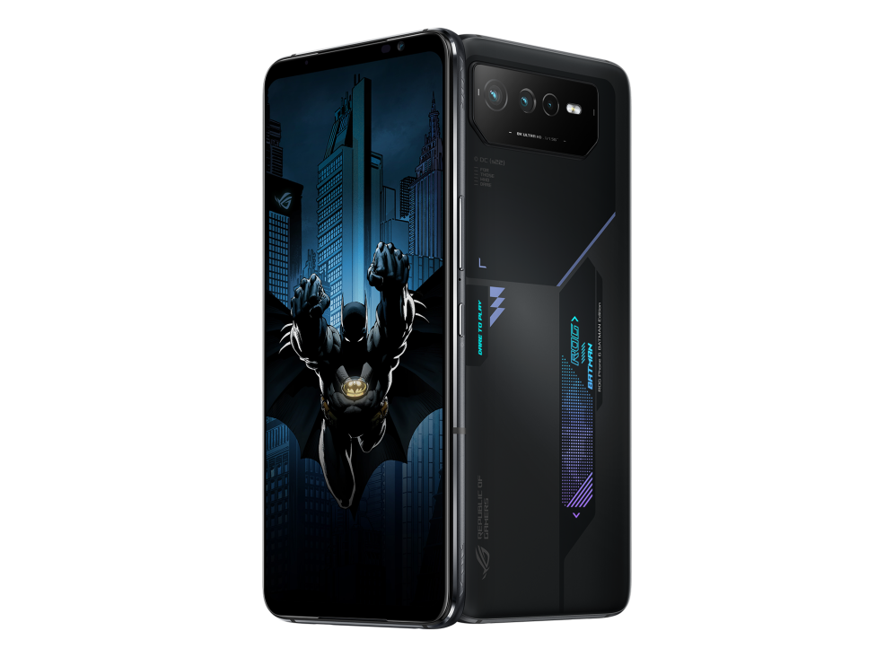 ROG Phone 6 BATMAN Edition angled view from both front and back, tilting at 45 degrees