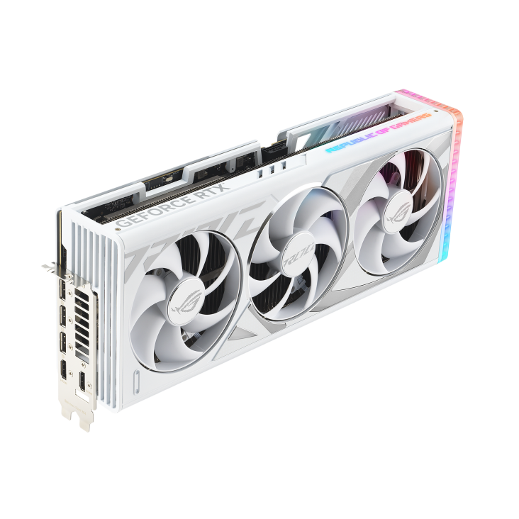 Angled top down view of the ROG Strix GeForce RTX 4080 SUPER white edition graphics card highlighting the fans, ARGB element, and IO ports2