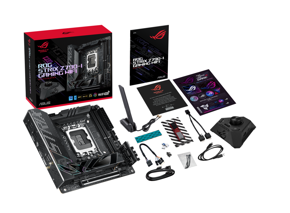 ROG STRIX Z790-I GAMING WIFI top view with what’s inside the box