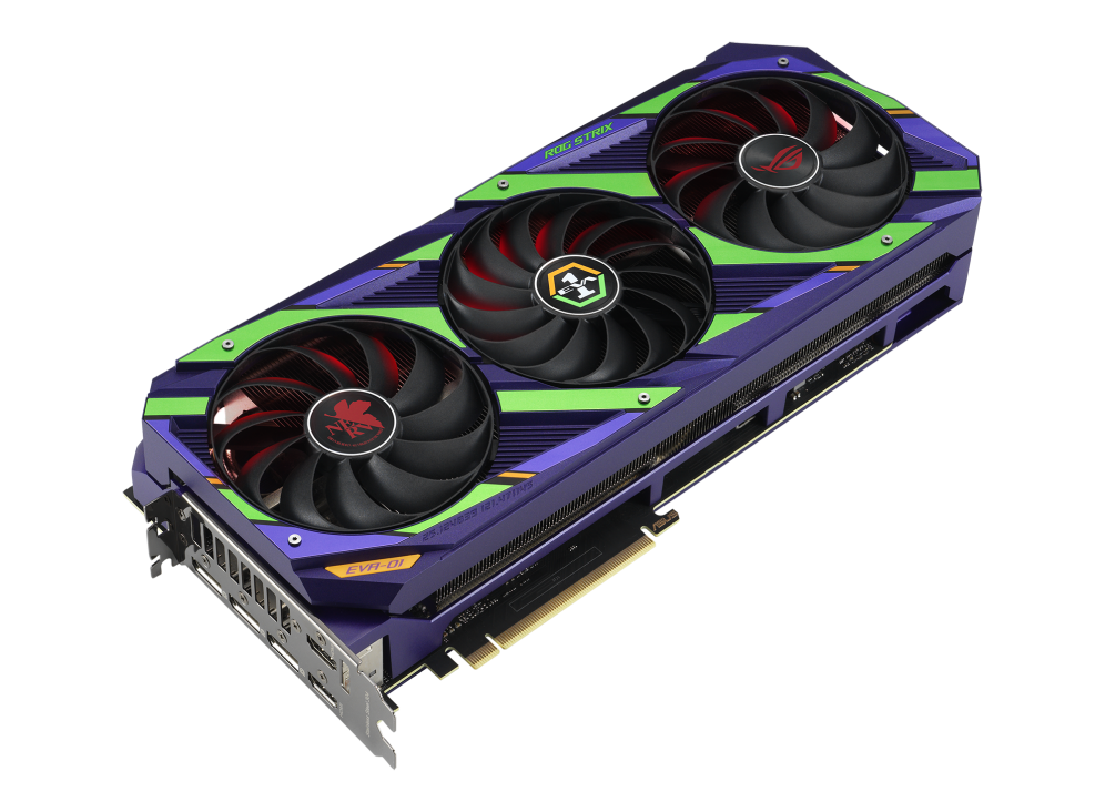 Front angled view of the ROG Strix GeForce RTX 3080 12GB EVA Edition graphics card
