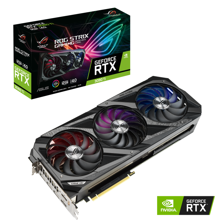 ROG-STRIX-RTX3080TI-12G-GAMING graphics card and packaging with NVIDIA logo