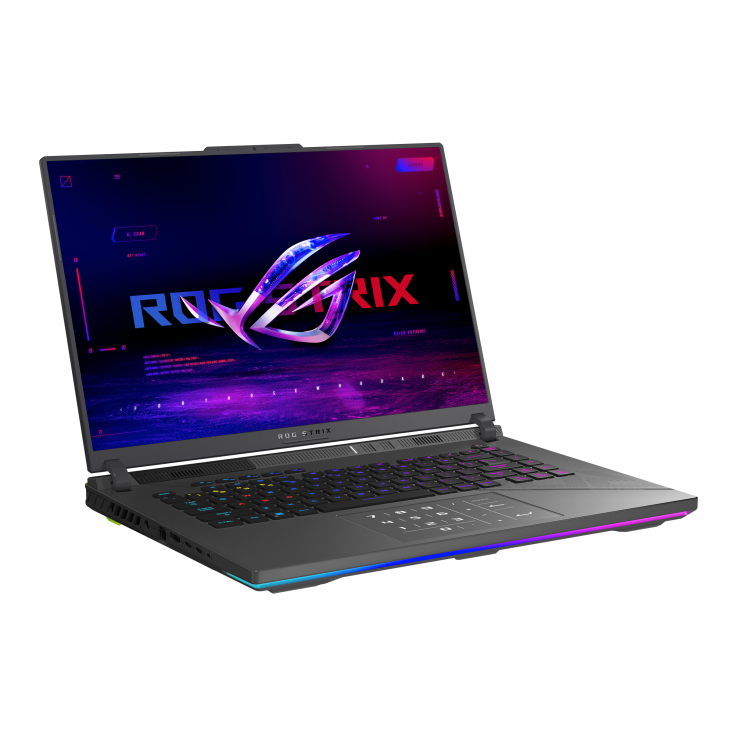 Off center shot of the front of the Strix G16, with the ROG Fearless Eye logo on screen