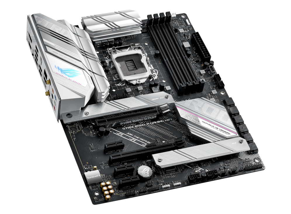 ROG STRIX B560-A GAMING WIFI top and angled view from left