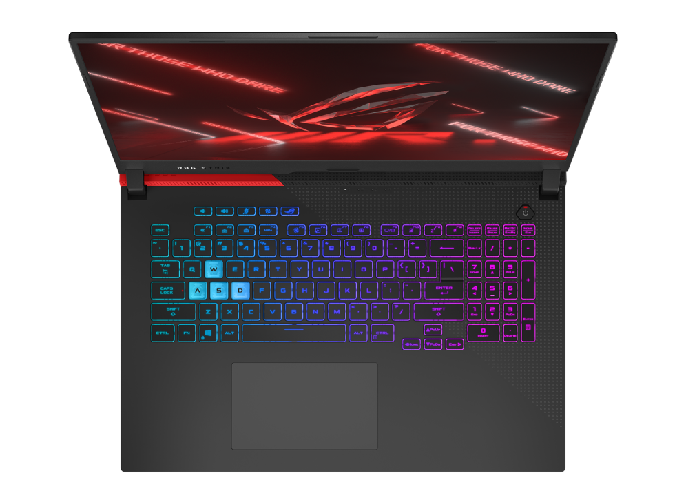 Top down view of the ROG Strix G17 Advantage Edition, with keyboard illuminated and a red ROG logo on screen.