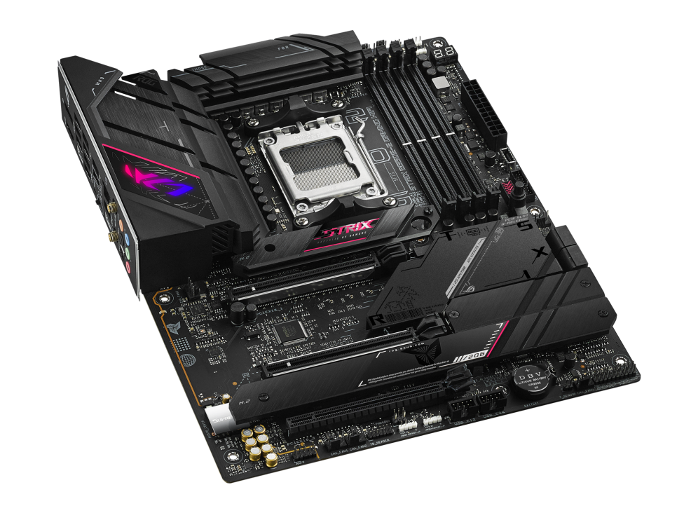 ROG STRIX B650E-E GAMING WIFI top and angled view from left