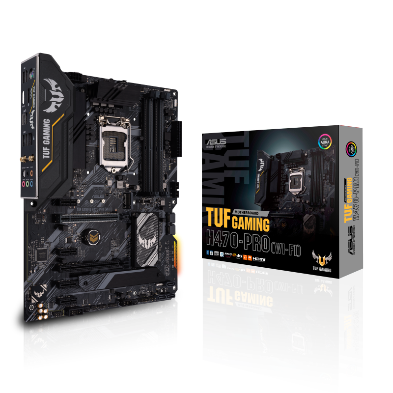 TUF GAMING H470-PRO (WI-FI) front view, 45 degrees, with color box