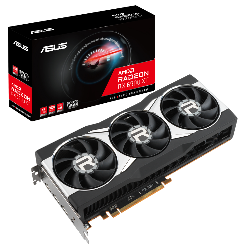 ASUS Radeon RX 6900 XT packaging and graphics card with AMD logo