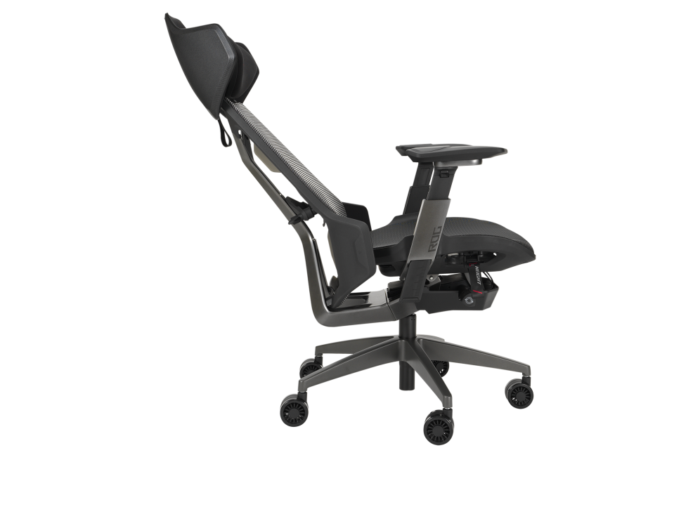 ROG Destrier Ergo Gaming Chair side view from right with back reclined at an angle