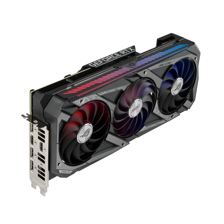ROG-STRIX-RTX3060TI-8G-GAMING graphics card, angled top down view, highlighting the fans, ARGB element, and I/O ports