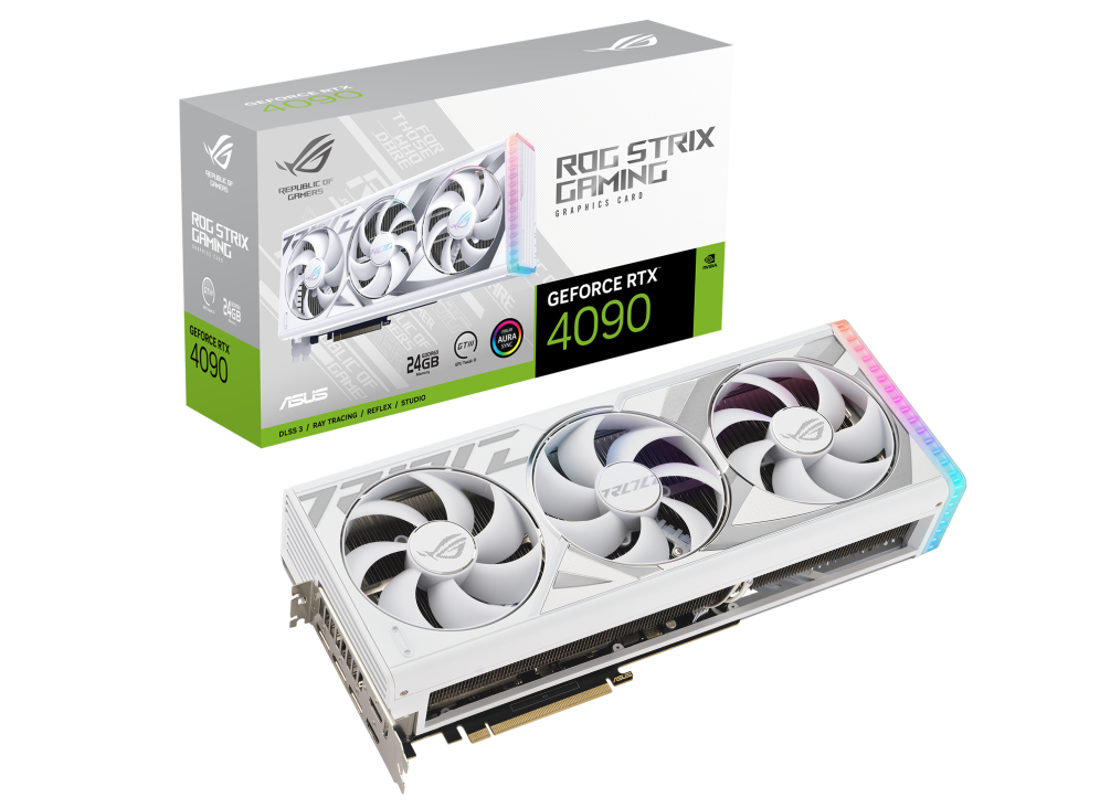 ROG Strix GeForce RTX 4090 White Edition packaging with graphics card
