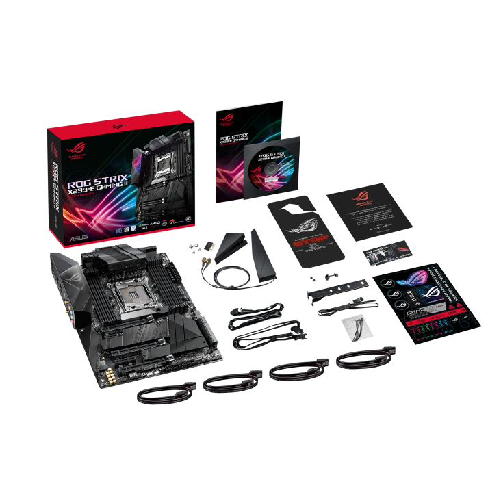 ROG Strix X299-E Gaming II top view with what’s inside the box