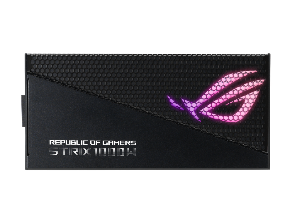 Right side of ROG Strix 1000W Gold Aura Edition with lighting effect