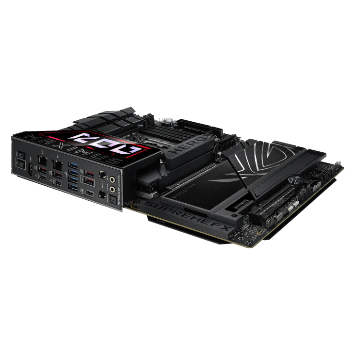 ROG MAXIMUS Z890 HERO lie flat, viewed from the I/O ports side