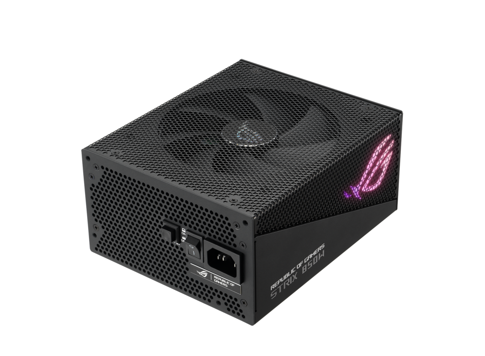 Rear-side angle of ROG Strix 850W Gold Aura Edition