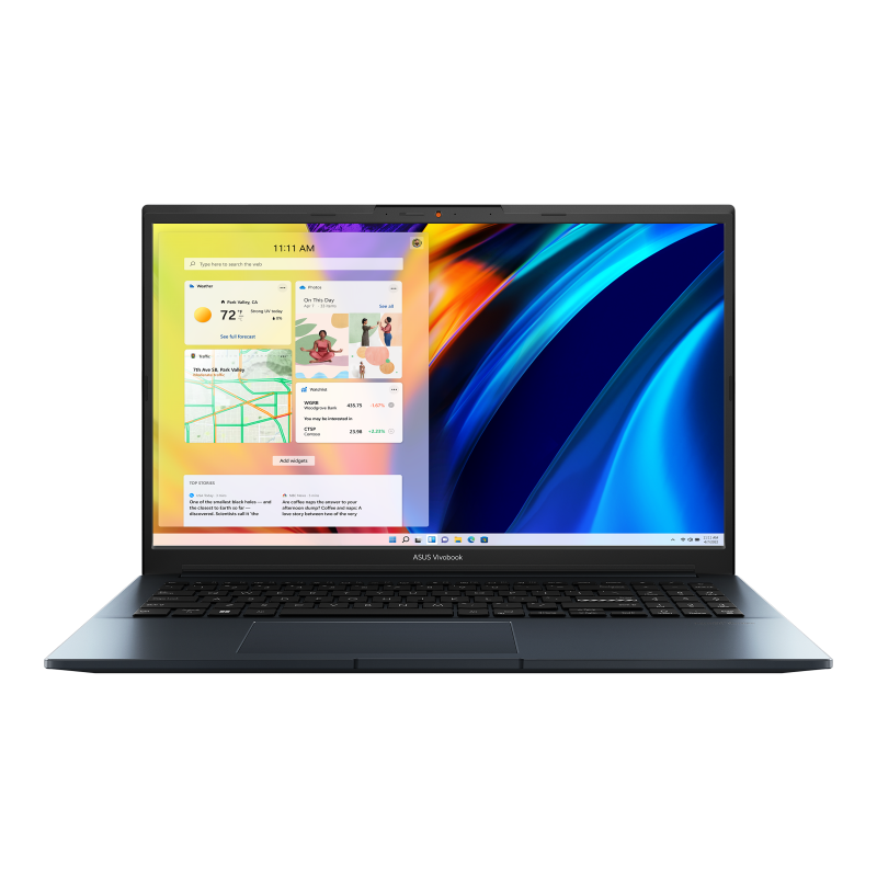 Blue Vivobook Pro 15 (M6500, AMD Ryzen 5000 series) display opened from the front view.