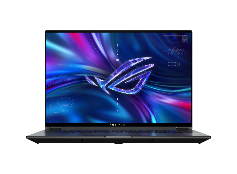 ROG Flow X16, with the lid open and the ROG "Fearless Eye" logo on screen.
