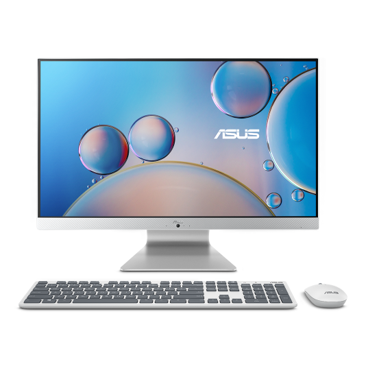 Un ASUS Advanced AiO est présenté frontalement, avec un clavier et une souris, sur un fond blanc. 