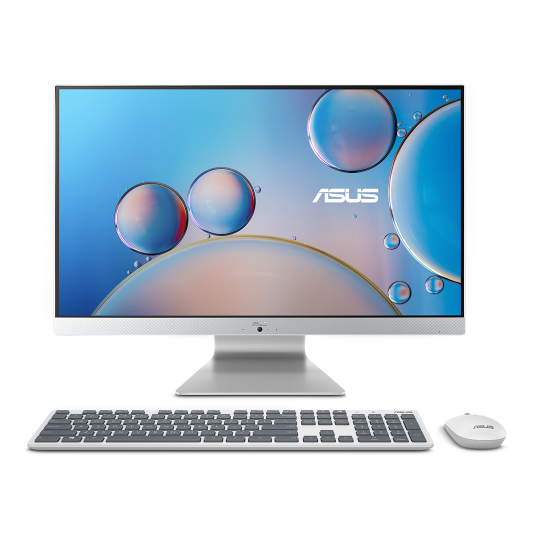 يظهر ASUS Advanced AiO في المقدمة ، مع لوحة المفاتيح والماوس ، على خلفية بيضاء.