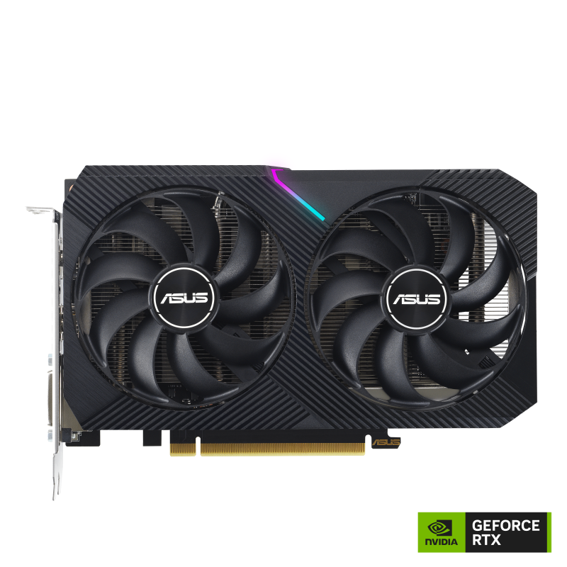 ASUS Dual GeForce RTX 3050 V2 OC Edition 8GB GDDR6 graphics card with NVIDIA logo, front view