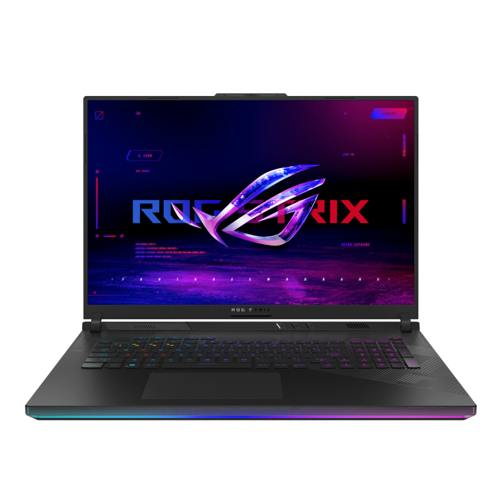 Shot of the Strix SCAR 18 with the with the lid open, with the ROG Fearless Eye logo on screen