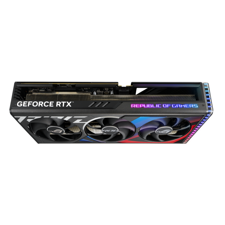 Angled-top-down-view-of-the-ROG-Strix-GeForce-RTX4080-SUPER-graphics-card-highlighting-the-fans-ARGB-3