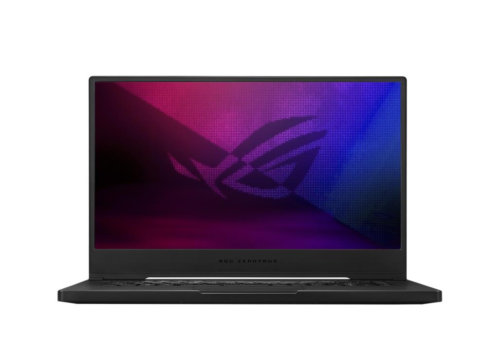 Front view of a black Zephyrus M15 with the ROG logo on screen.