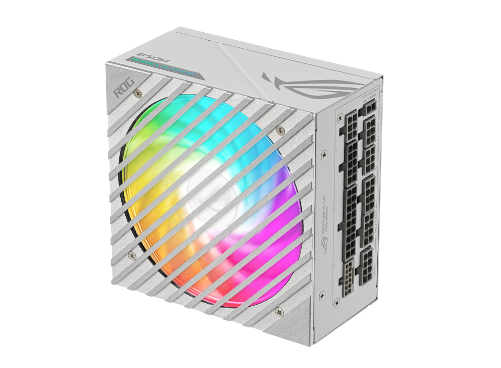 ROG Loki ARGB fan with rainbow lighting effect and connectors