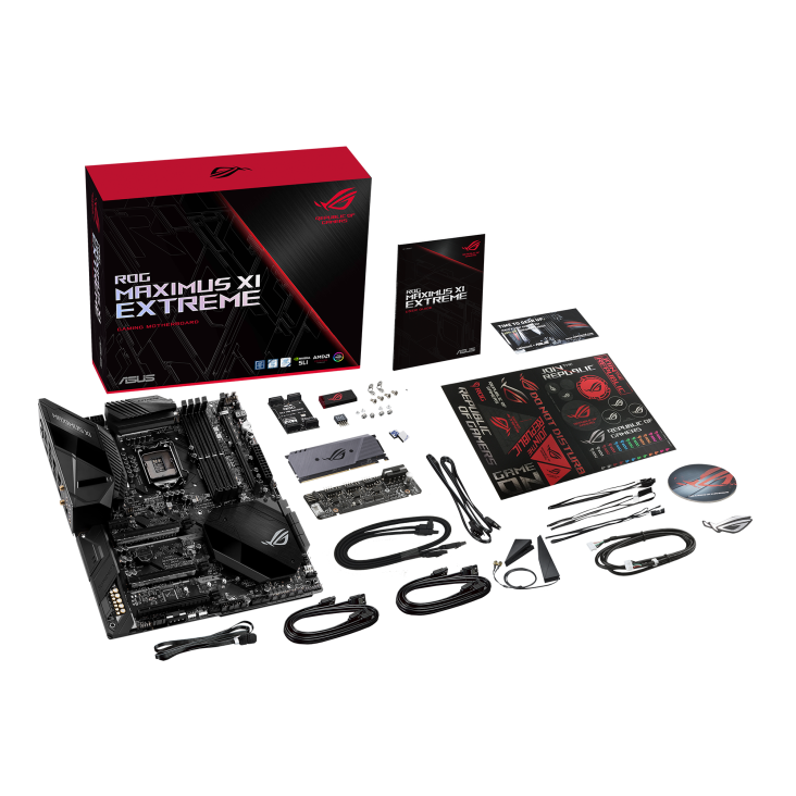 ROG MAXIMUS XI EXTREME top view with what’s inside the box