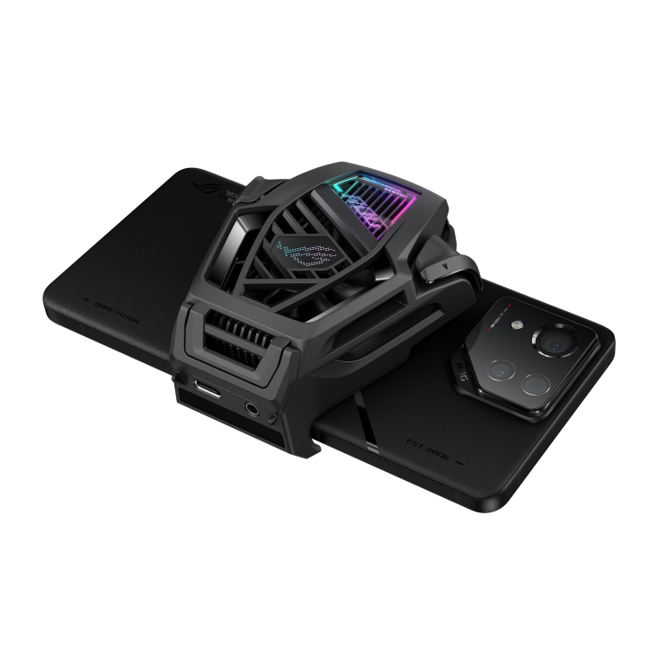AeroActive Cooler X with ROG Phone 8 Pro angled view of the bottom side