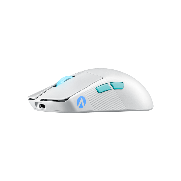 ROG Harpe Ace Aim Lab Edition Moonlight White – angled view from the front with Aim Lab logo under UV light