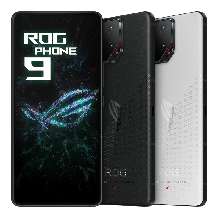 Two ROG Phone 9 devices in Phantom Black and Storm White are shown from a back-angled view, tilted at 45 degrees, with one ROG Phone 9 on the left side displayed from a front-angled view.