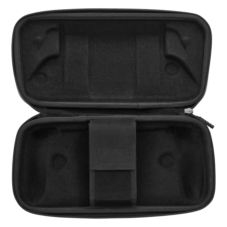 An open, empty black protective carrying case with a zipper and soft interior padding
