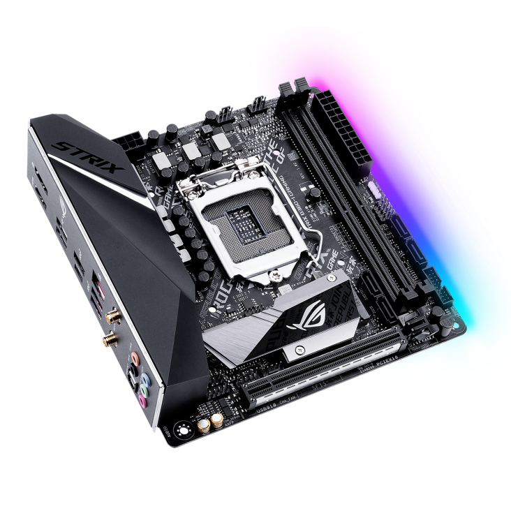 ROG STRIX B360-I GAMING top and angled view from left