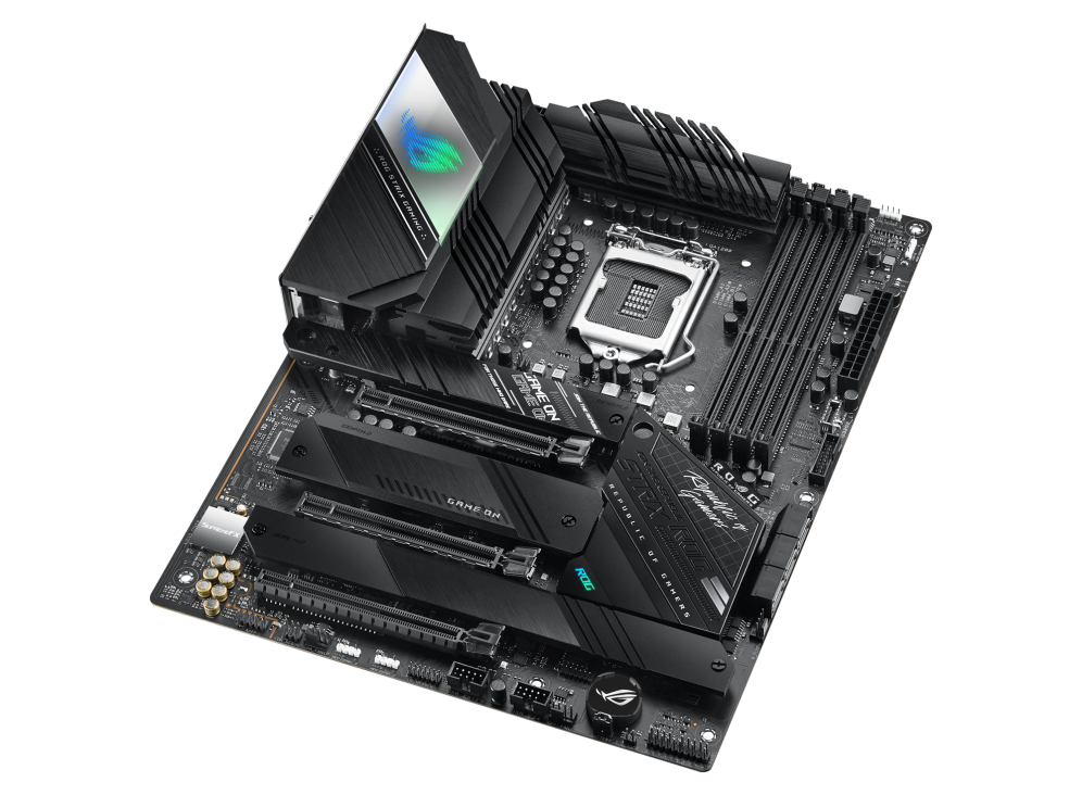 ROG STRIX Z590-F GAMING WIFI top and angled view from right